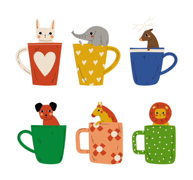 Cute baby animals sitting inside cups set. Adorable bunny, elephant, deer, dog, horse, lion in cup cartoon vector illustration