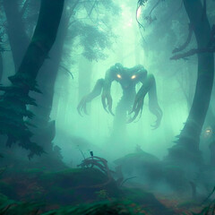 A scary forest spirit in a mystical misty forest. High quality illustration