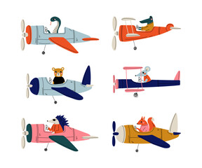 Cute animals pilots flying on airplanes set. Snake, crocodile, bear, mouse, hedgehog, squirrel piloting retro plane cartoon vector illustration