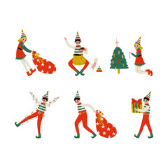 Boys and girls Christmas elf characters Set. Cute Santa Claus helpers decorated fir tree, holding gift boxes, dragging bag of gifts cartoon vector illustration