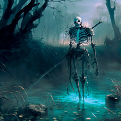 Skeleton warrior rises from the swamp. High quality illustration