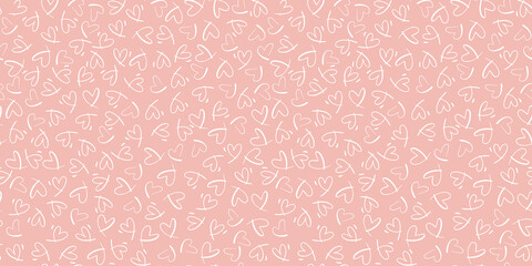 Seamless vector pattern with small hearts. Vector repeating texture with white linear heart on pink background. Repeatable backdrop with hand drawn tiny hearts.