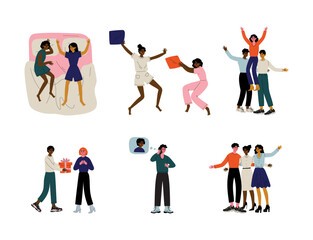 Fototapeta premium Friends or couples in love spending time together set. Guys and girls meeting, chatting and fighting with pillows cartoon vector illustration