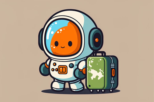 Cartoon symbol of a cute astronaut going with a luggage and a map. science related symbol concept in a flat cartoon style. Generative AI