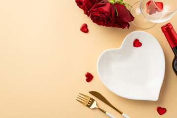 Valentine's Day concept. Top view photo of heart shaped plate cutlery wine bottle glass and bouquet of roses on isolated pastel beige background with empty space