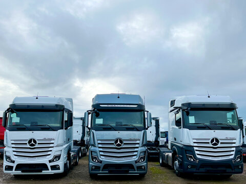 Poznan, Poland 01.03.2023: Warehouse with new Mercedes Actros L stored in the open air