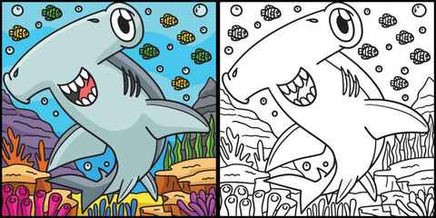 Hammerhead Shark Coloring Page Illustration - obrazy, fototapety, plakaty