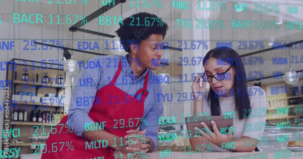 Aufkleber animation of data processing over diverse workers in shop talking