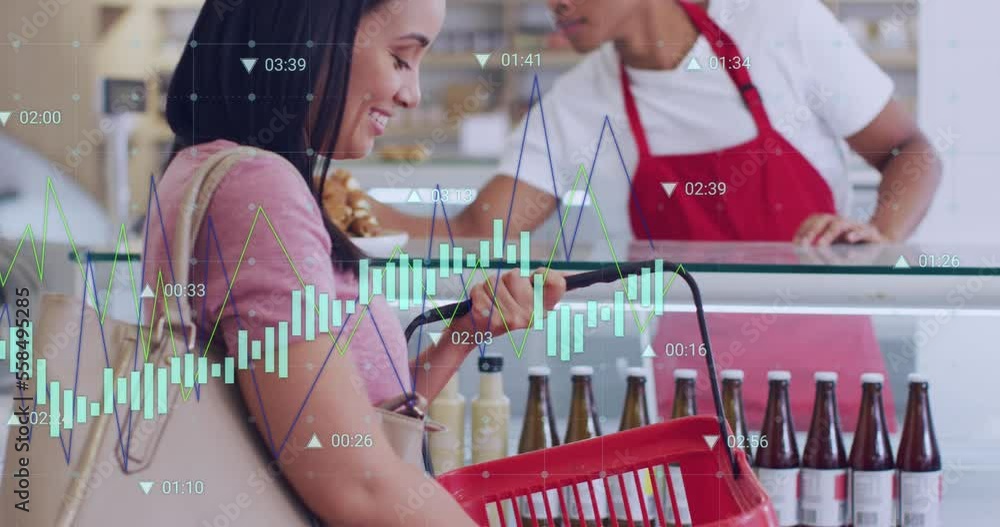 Poster animation of data processing over diverse shop assistant and customer shopping