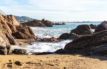 Foamy Sea Waves, Storm on Rocky Beach Texture Background, Blue Ocean Water, Rocky Shore Pattern