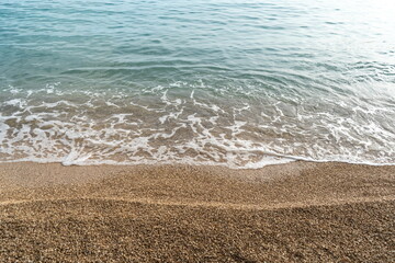Sea Waves on Sandy Beach Texture Background, Transparent Ocean Water, Blue Sky, Sunny Shore
