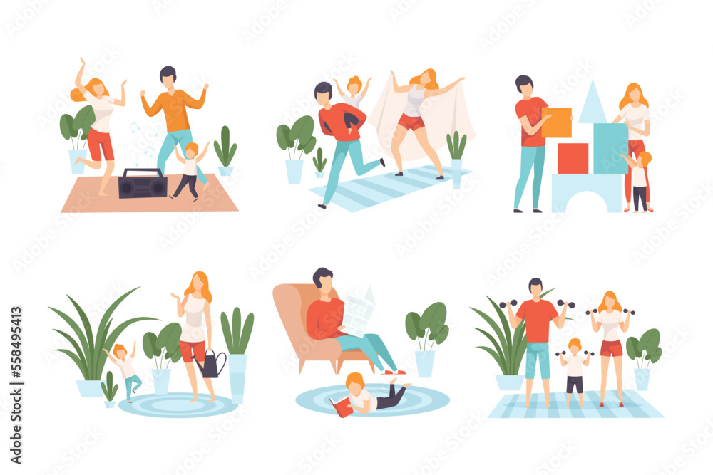 Wall mural Happy family having good time at home set. Parents and kids dancing, play toy blocks, doing sports, reading book cartoon vector illustration