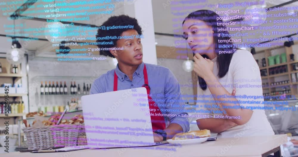 Poster animation of data processing over diverse workers in shop using laptop