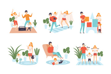 Happy family having good time at home set. Parents and kids dancing, play toy blocks, doing sports, reading book cartoon vector illustration