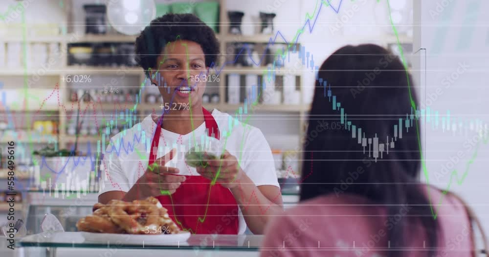 Aufkleber animation of data processing over diverse shop assistant and customer shopping