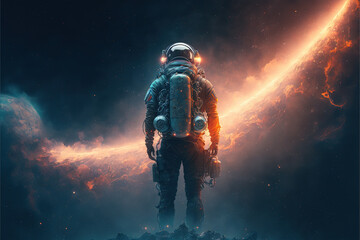 Fototapeta na wymiar astronaut floating in space looks at exploding planet