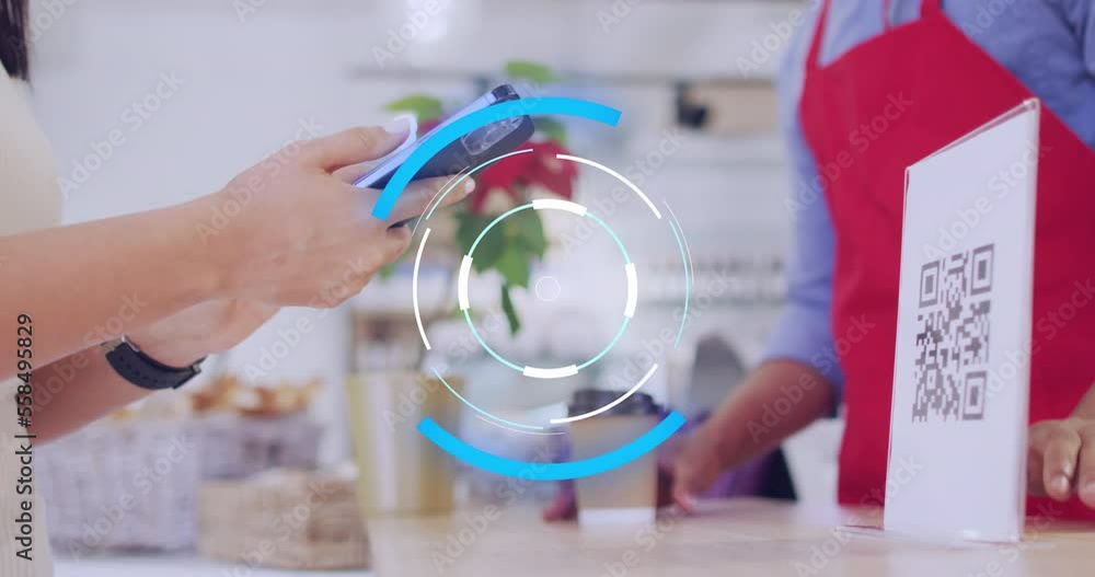 Poster animation of scope scanning over diverse shop assistant and customer paying with smartphone