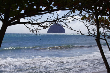 View of the Diamond rock in the caribbean ocean in Martinique.