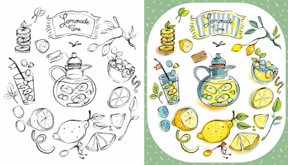 Coloring page from the Lemonade set. Lemons, drinks, a pattern with lemons, twigs and fresh drinks, frames.