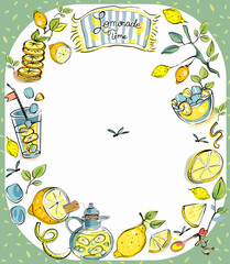 Color frame from the Lemonade set. Lemons, drinks, lemon pattern, twigs and fresh drinks.