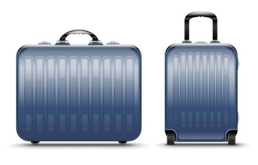 Blue modern suitcases set for travel case icon isolated white transparent background. Luggage for airport. PNG