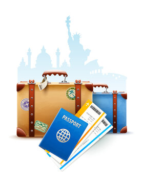 Retro Suitcases Passport And Airline Tickets PNG