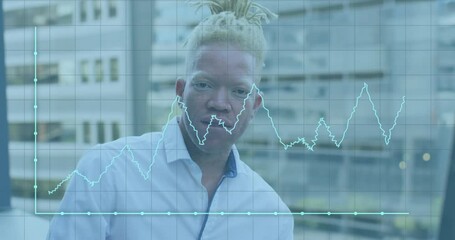 Animation of data processing over albino african american businessman smiling - Powered by Adobe