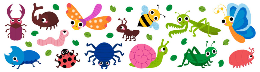 Set of cute garden insects, bugs. Snail, spider, butterfly, stag-beetle, mantis, dragonfly, grasshopper, worm, spider, ladybug, bee, beetle, ant for children. Funny childish characters. Cartoon vector