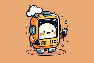 Cartoon Icon Illustration Science Technology Icon Concept of a cute astronaut holding a phone in space. Cartoonish flatness. Generative AI