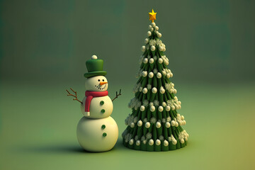 Christmas tree and snowman on a green background for a seasonal or professional theme. Generative AI