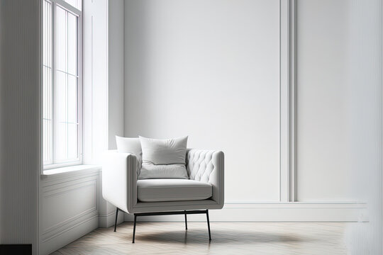 An armchair in a contemporary, minimalist setting against a background of a blank white wall. Generative AI
