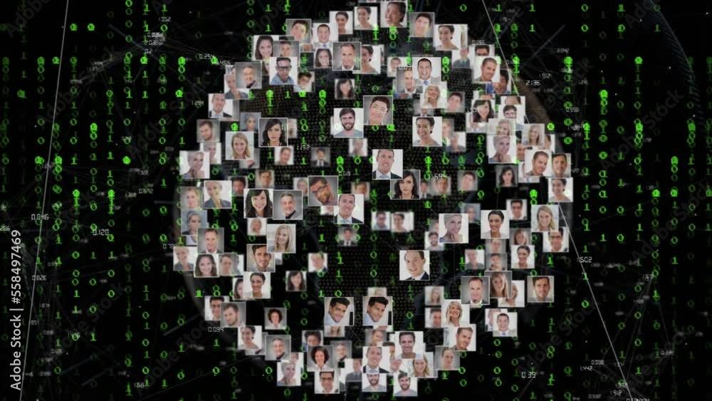 Poster animation of data processing and diverse business people icons on black background