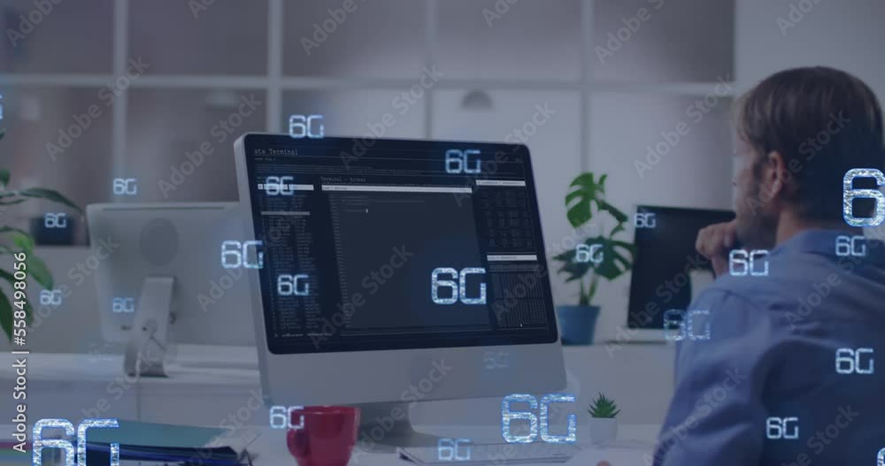 Poster animation of 6g texts over caucasian man using computer