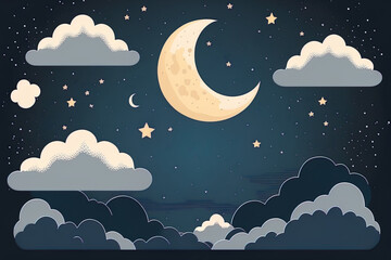 Moon, stars, and clouds in a flat style background. Generative AI