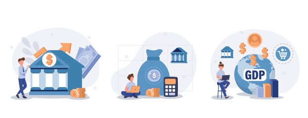 Public finance illustration set. Characters integrating with government institutions. Central bank, federal budget and GDP statistics concept. Vector illustration