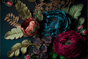 Baroque flowers in rich deep colors, roses on dark background
