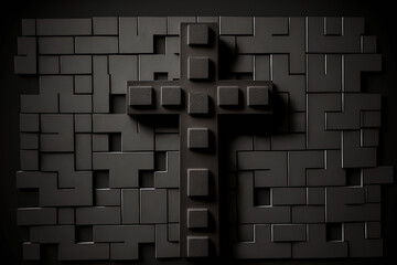 Concept of religion, numerous crosses on a black plastered brick wall, new. Generative AI