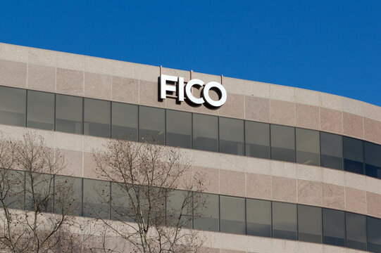 San Jose, CA, USA - Feb 12, 2020: The FICO sign is seen at FICO Headquarters in San Jose, California. Fair Isaac Corporation (FICO) is a data analytics company focused on credit scoring services.