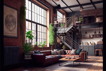 Living room interior in loft industrial style. AI generated art illustration.	
