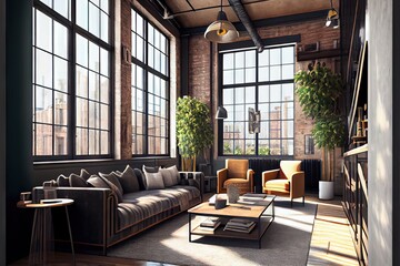 Living room interior in loft industrial style. AI generated art illustration.	
