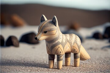 Winterwolf wooden toy little cute. AI generated art illustration.	

