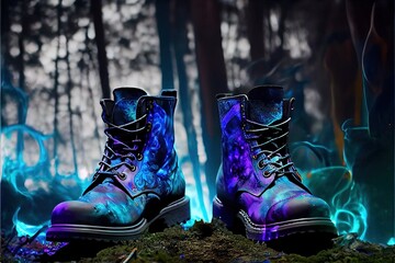 Vitreous enamel combat boots psychedelic magical liquid. AI generated art illustration.	
