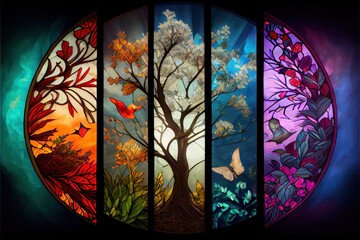 Luminous stained glass window. AI generated art illustration.	
