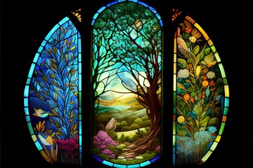 Luminous stained glass window. AI generated art illustration.	
