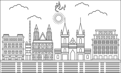 Fototapeta premium Prague skyline with line art style vector illustration. Modern city design vector. Arabic translate : Prague