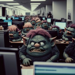 Troll farm, concept of media wars, hybrid war, created with Generative AI technology