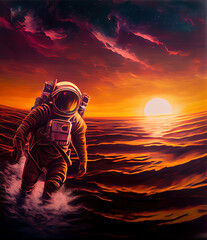 astronaut on the beach with sunset in the background