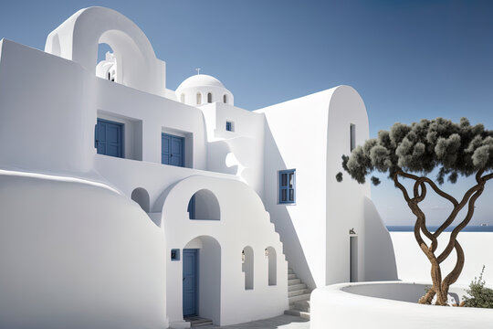 Traditional Greek architecture is in the foreground against minimalist structures. white residences at a low angle against a summer sky that is clean and blue. construction of a contemporary home esta