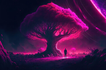 traveler encounters the magenta tree of holiness, cosmic stardust, ancient magical scene