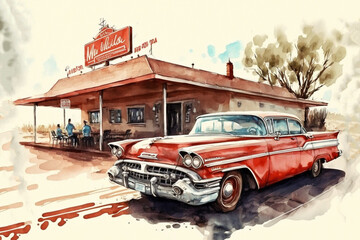 vintage american car , watercolor painting - generative AI